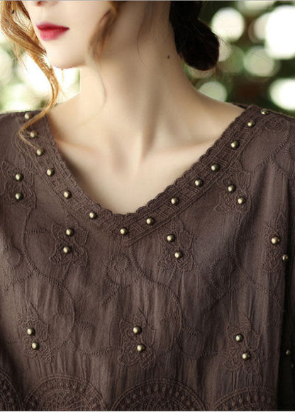 Coffee Embroideried Hollow Out Fall Long Sleeve Shirt Tops