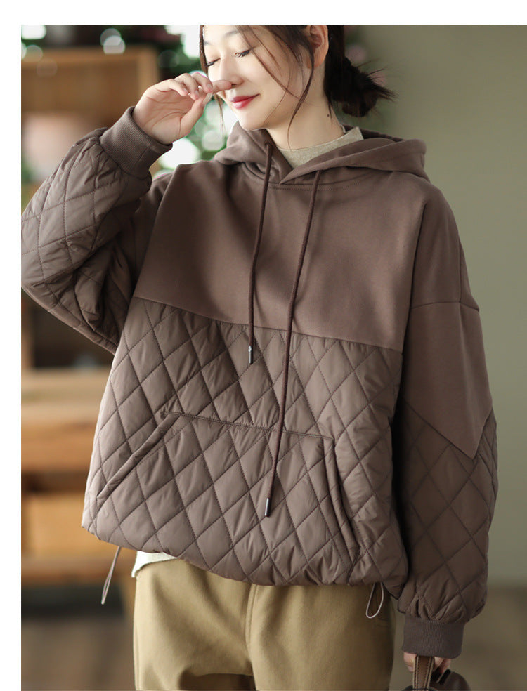 Loose Warm Patchwork Hooded Padded Sweatshirt
