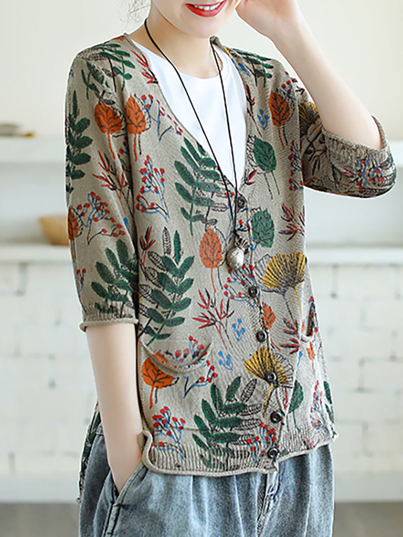 - Leaf Printed Half Sleeve Knitted Shirt