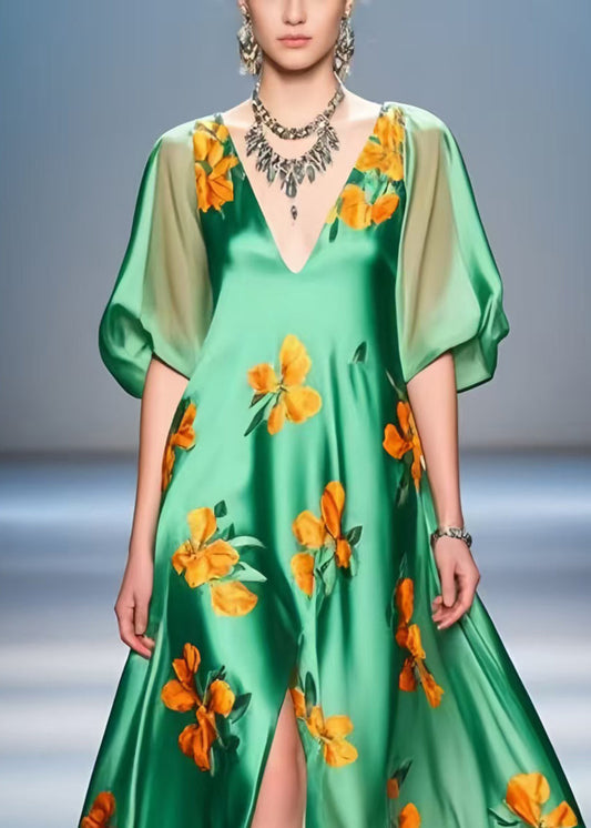 Peacock Green Print Side Open Silk a Line Dresses Summer