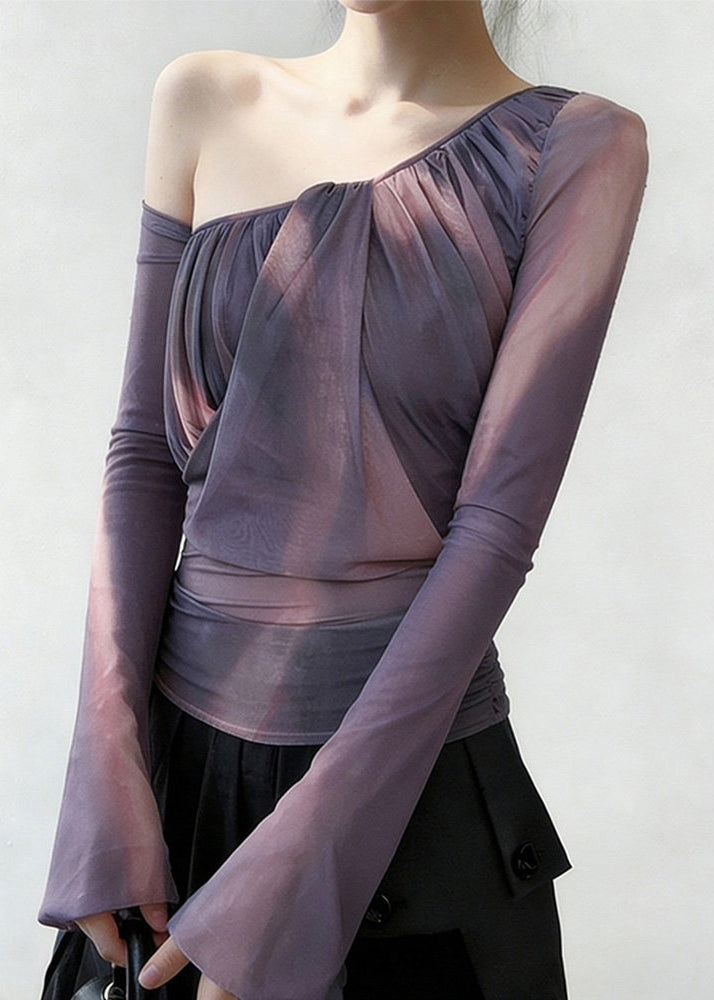 Purple One Shoulder Wrinkled Tulle Shirt Spring