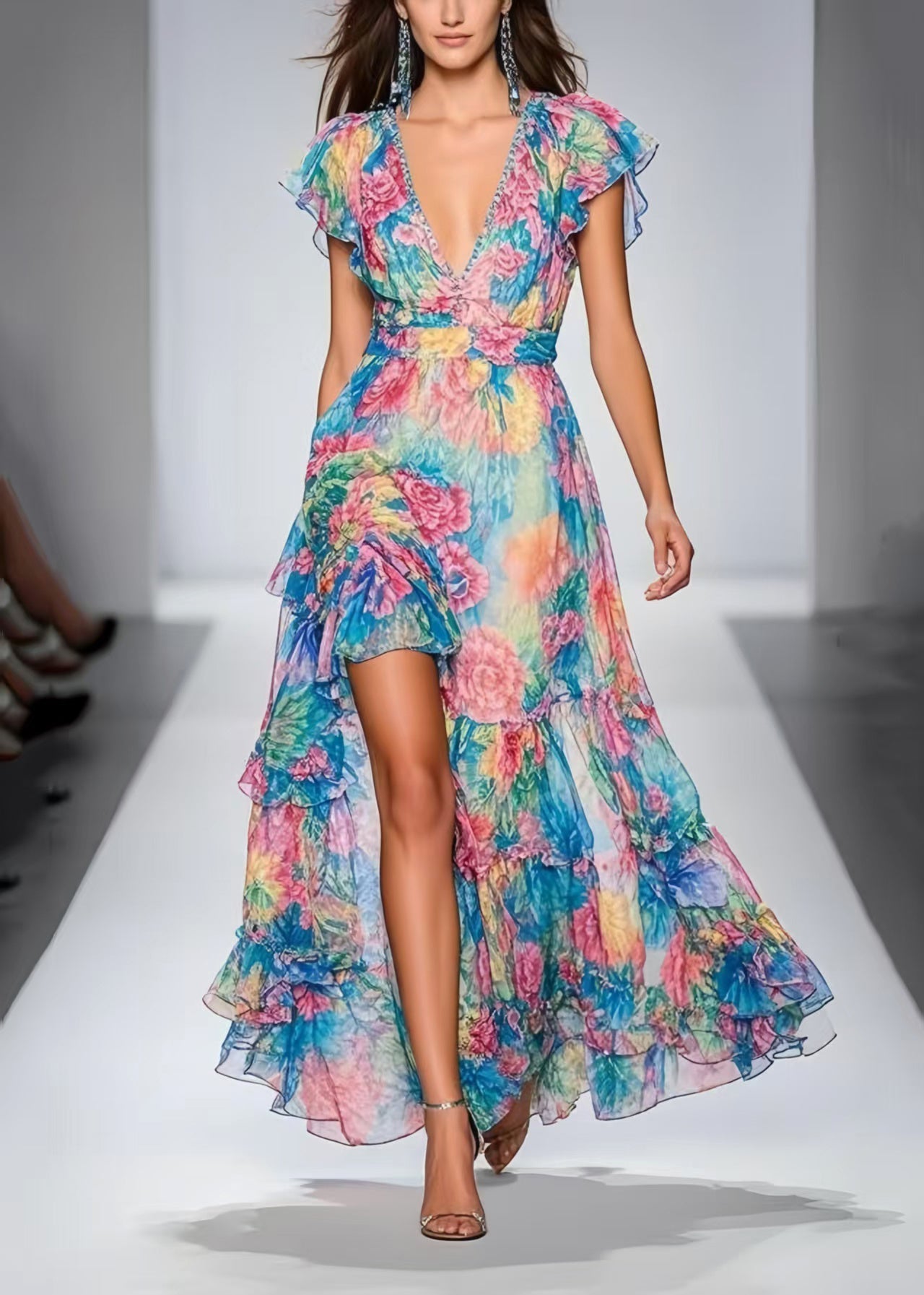 Blue Print Side Open Chiffon Maxi Dresses Summer