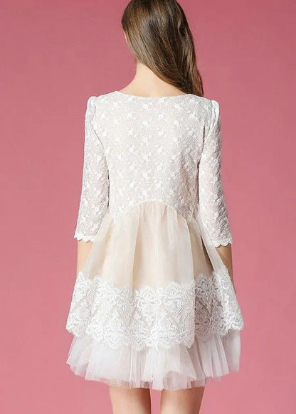 White Patchwork Lace Organza Day Dress O-neck Exra Large Hem Summer