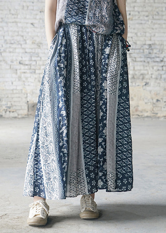 Brief Colorblock Elastic Waist Pocket Print Linen Skirts Spring