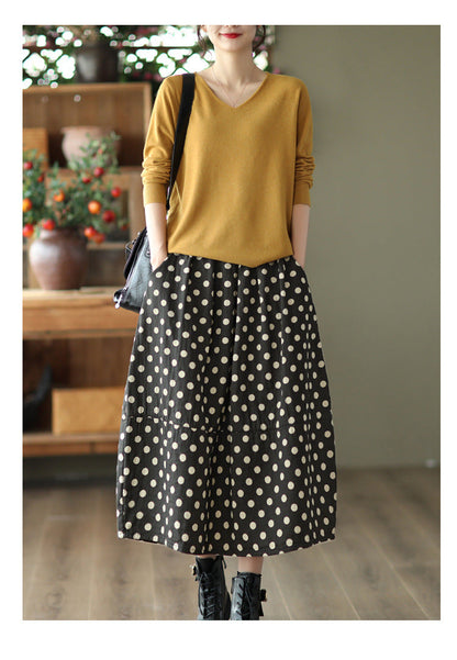 Printed Cotton and Linen Slim Elastic Waist A-line Skirt