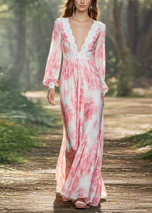 Pink V Neck Print Chiffon Long Dresses Spring