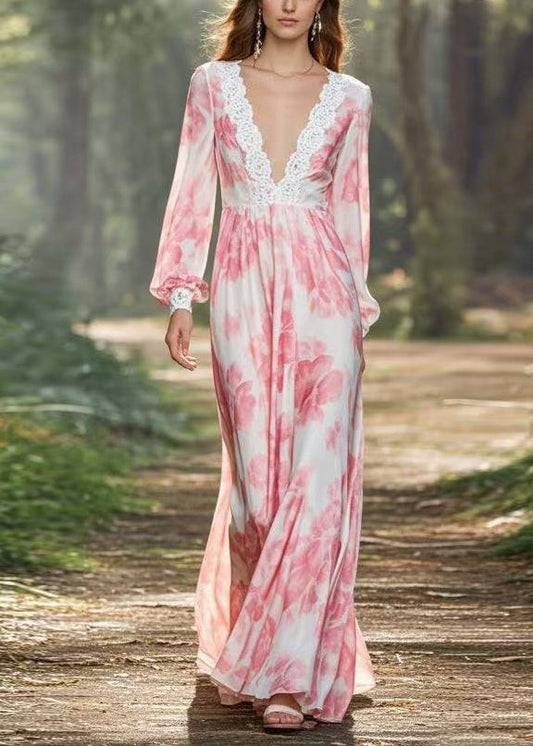 Pink V Neck Print Chiffon Long Dresses Spring