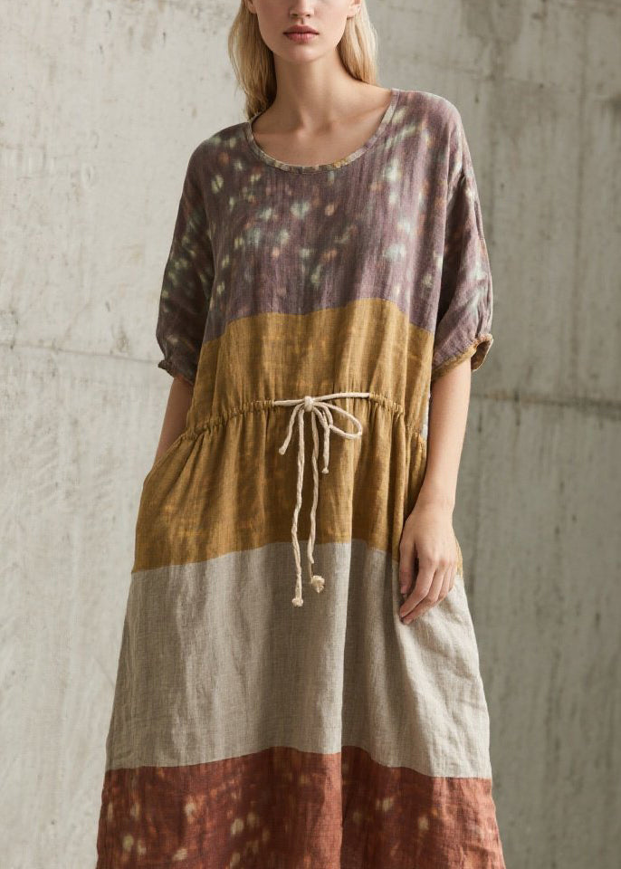 Colorblock O Neck Lace Up Cotton Long Dress Summer