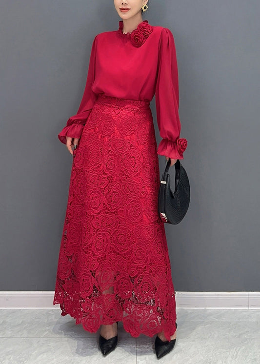 Fine Red Rose Lace Shirts and Maxi Skirts Two Pieces Set Fall