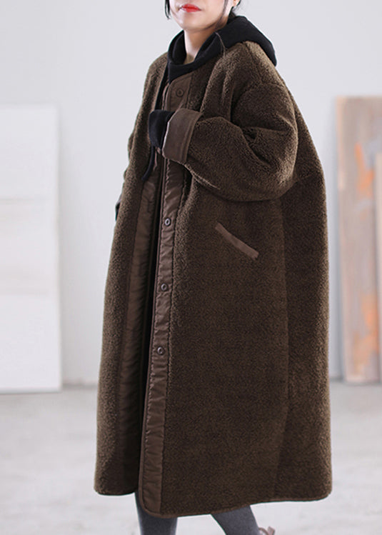Loose Coffee O-neck Patchwork Button Pockets Faux Fur Coats Long Sleeve
