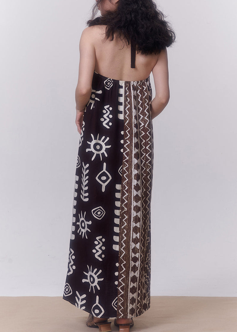 Coffee Backless Print Patchwork Cotton Spaghetti Strap Dress Sleeveless