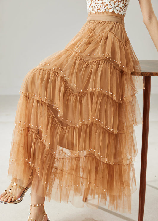 Khaki Nail Bead Tulle Vacation Skirts Summer