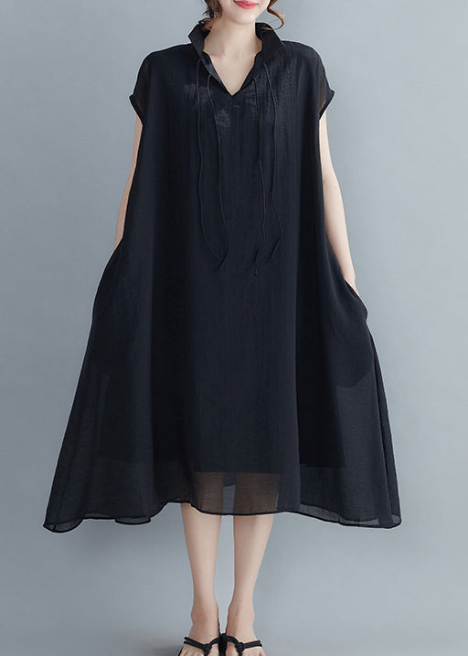 Black Peter Pan Collar Chiffon Holiday Dress Short Sleeve