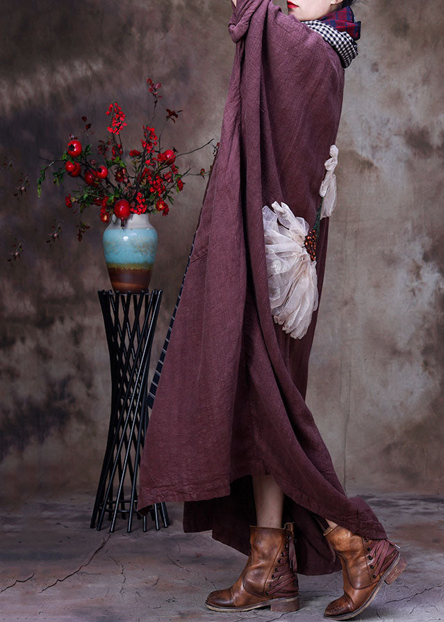 Coffee Linen Trench Coat V Neck Handmade Long Sleeve