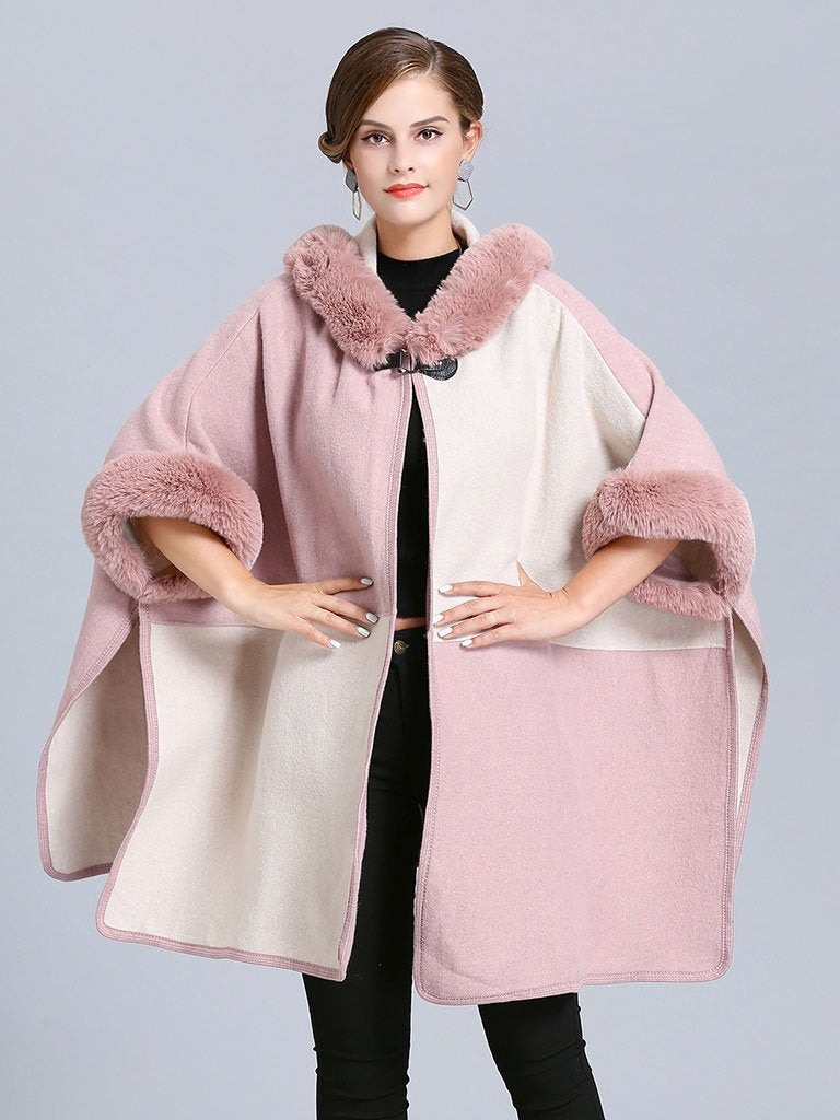 Poncho Cape Faux Fur Hooded Plaid Cape Coat