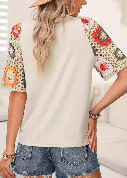 Beige O-neck Hollow Out Hook Flower Cotton Top Summer