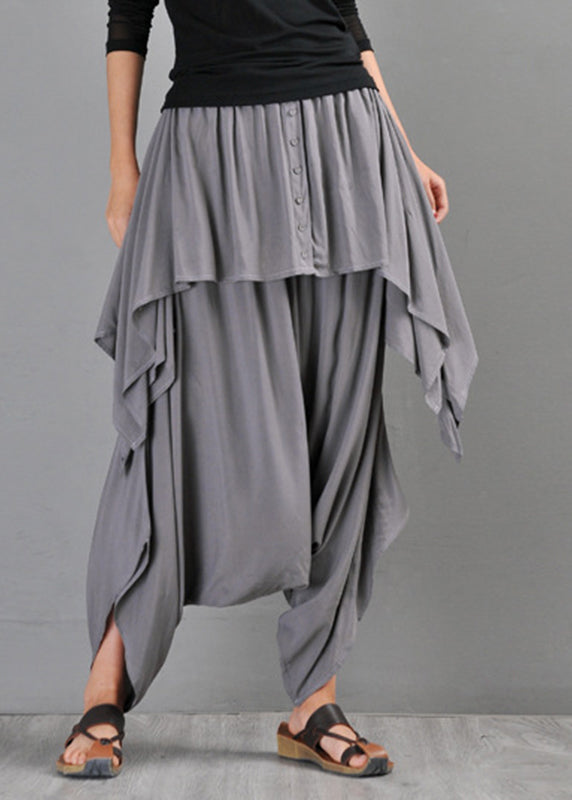 Grey Pockets Draping Cotton Pants Skirt Summer