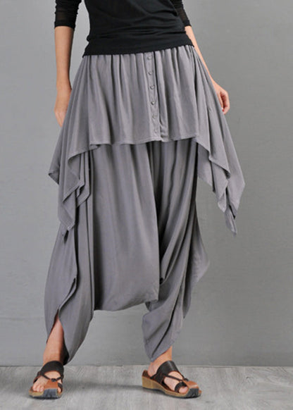 Grey Pockets Draping Cotton Pants Skirt Summer