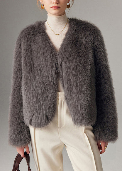 Grey Fox Collar Thick Leather and Fur Coats Winter
