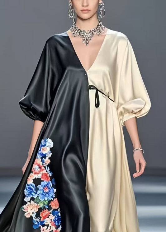 Colorblock Patchwork Silk Maxi Dresses Oversized Print Spring