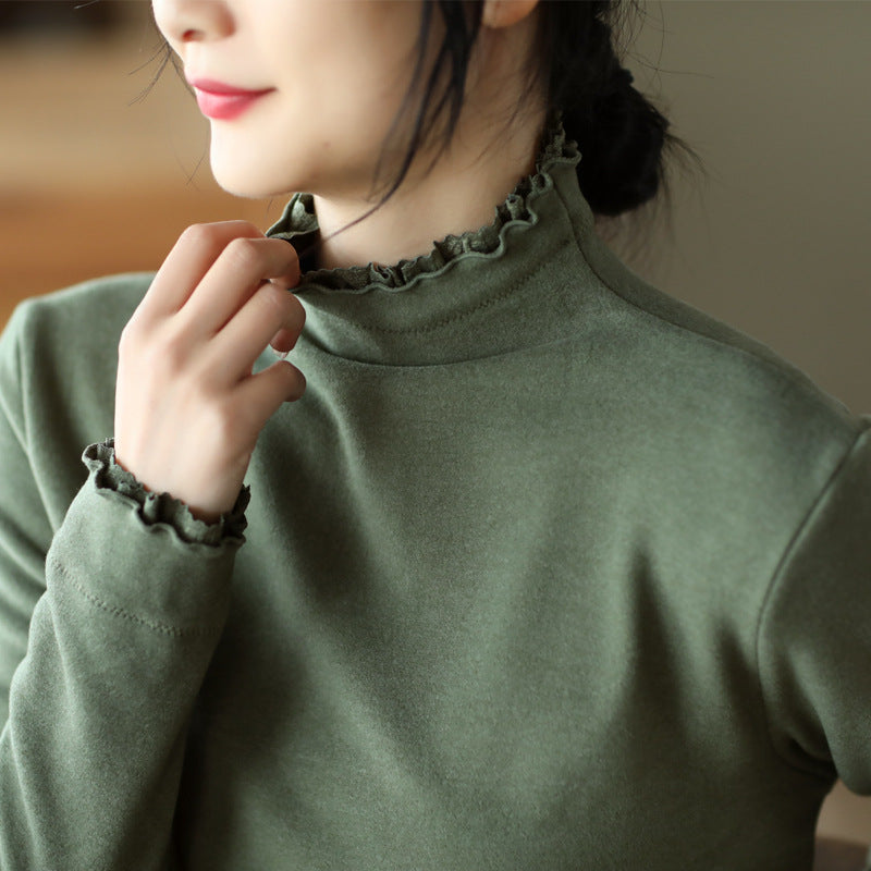 Long-sleeved Plus Fleece T-shirt With Retro Wooden Ears