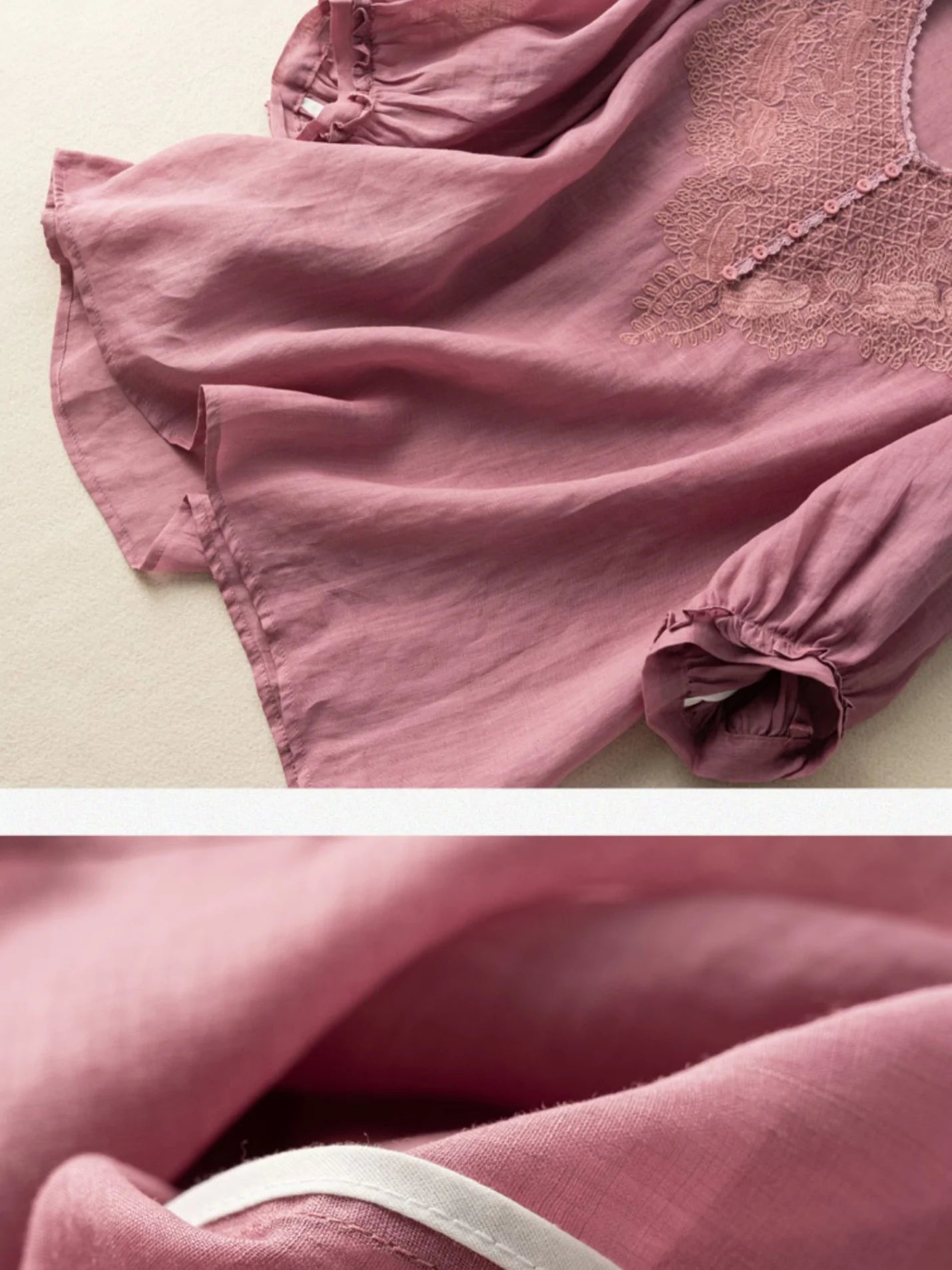 Embroidered V Neck Half Sleeve Linen Top