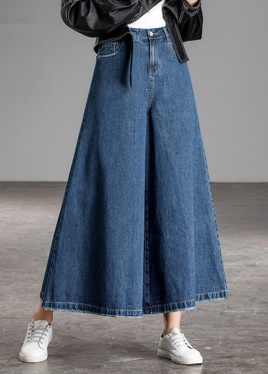 Navy Pockets Cotton Flare Pants Skirt High Waist Draping Summer