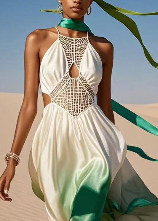 Colorblock Asymmetrical Hollow Out Cold Shoulder Silk Maxi Dress Summer