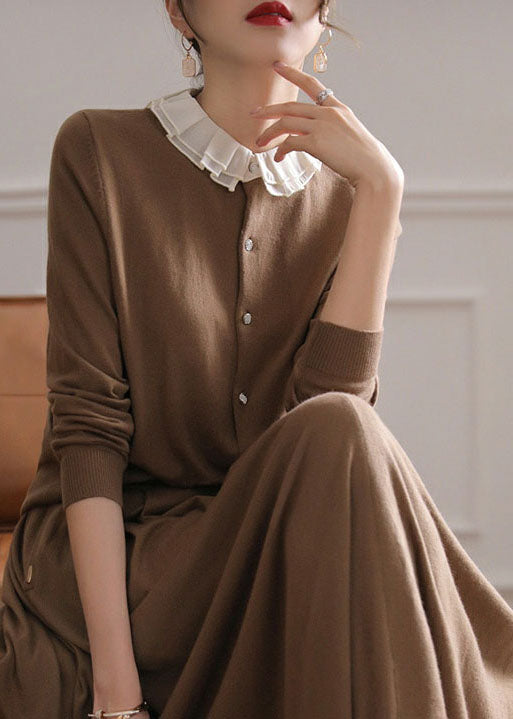 Coffee O-neck Ruffled Patchwork Cashmere Cardigans Spring
