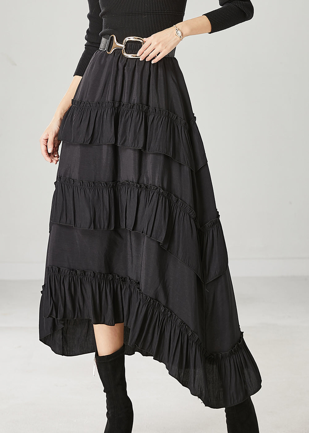 Black Ruffled Exra Large Hem Cotton Skirt Spring