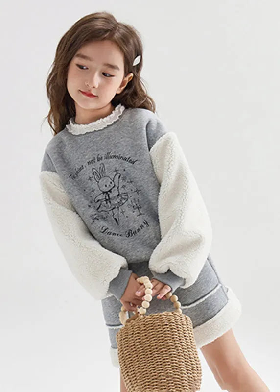 Grey O-neck Print Patchwork Warm Sweatshirt and Skirts Two Pieces Set Winter
