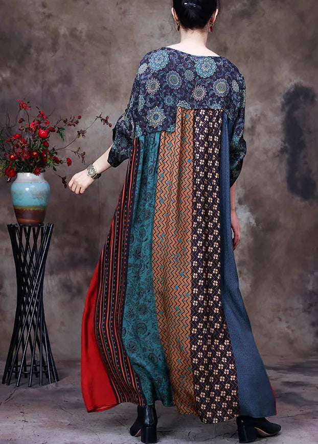Green O-neck Print Patchwork Silk Long Dresses Long Sleeve