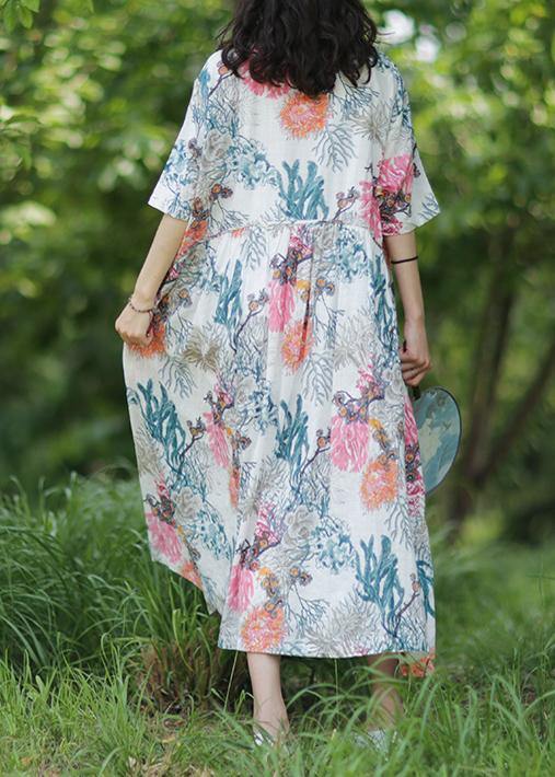 100% O Neck Baggy Linen Robes Wardrobes White Print Dress