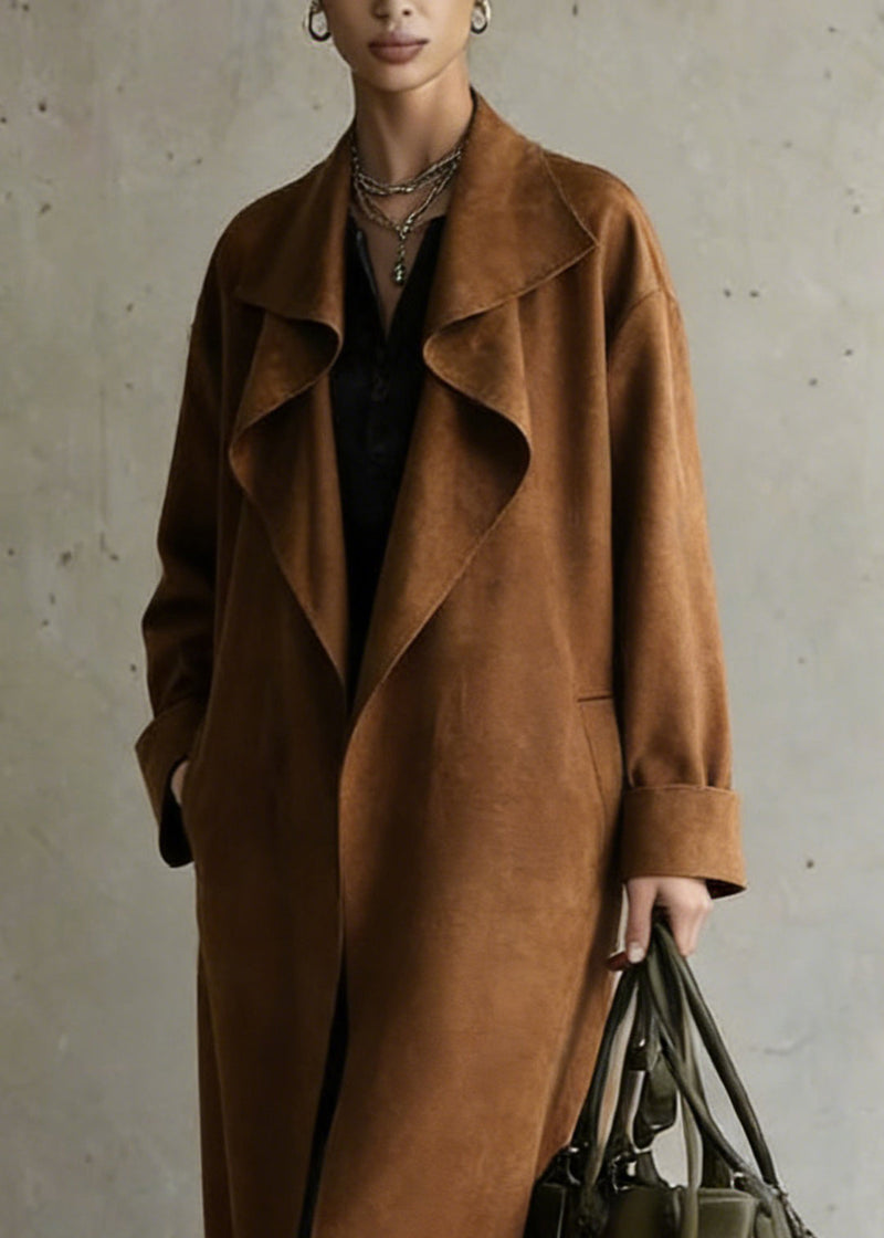 Stylish Brown Peter Pan Collar Pockets Faux Suede Long Coat Spring