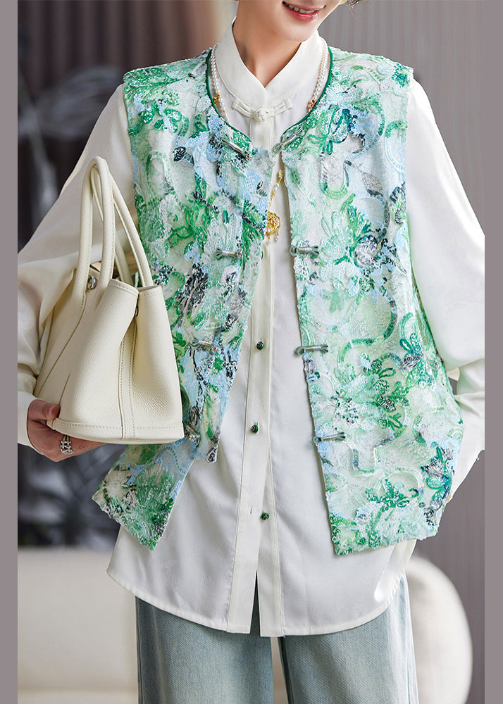 Green Embroideried Sequins Vest Tops Sleeveless