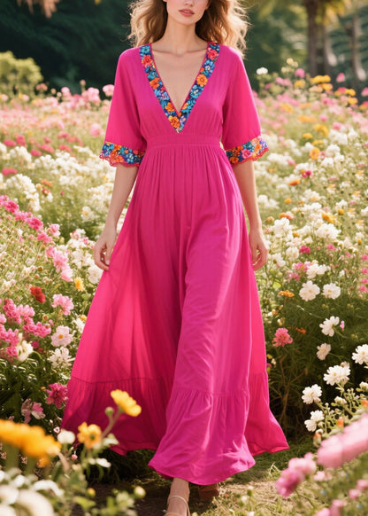 Classy Rose V Neck Patchwork Print Cotton Dresses Summer