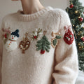 Women's Vintage Christmas Tree And Snowman Jacquard Crew Neck Sweater artswardrobe