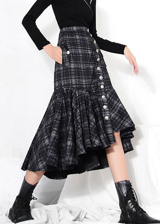 Dark Grey Button Ruffles Plaid Skirt Spring