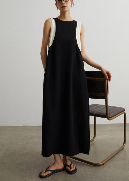 Black Pockets Patchwork False Two Pieces Cotton Long Dresses Sleeveless