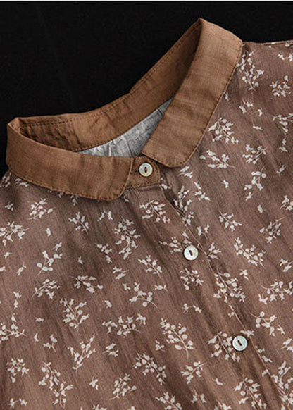 Coffee Linen Shirt Top Button Peter Pan Collar Half Sleeve