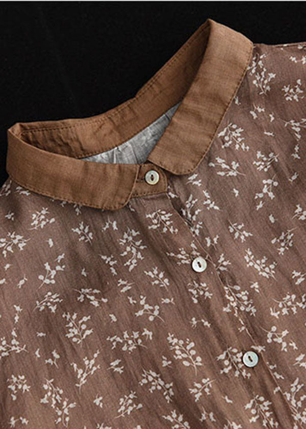 Coffee Linen Shirt Top Button Peter Pan Collar Half Sleeve