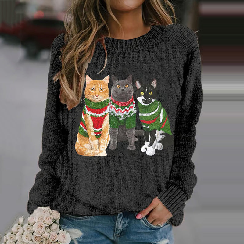 Christmas Cat Print Cozy Knit Sweater elevenforest