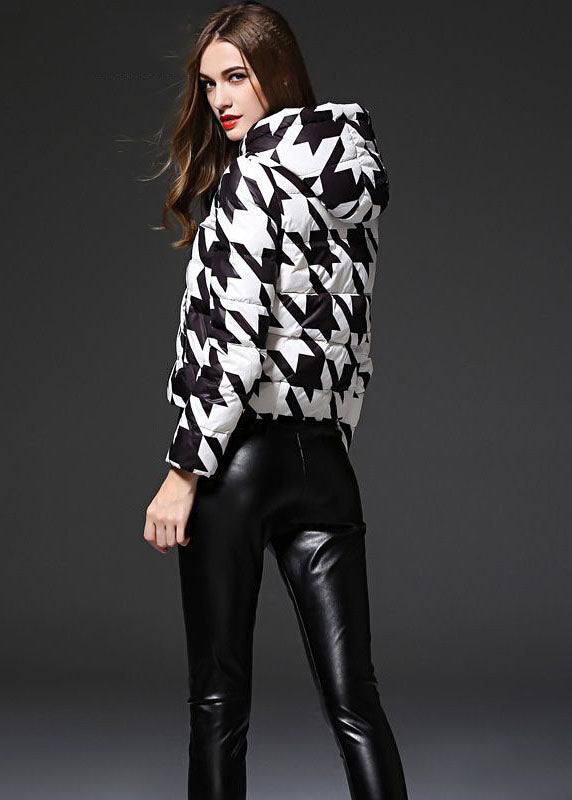 Black White Plaid Hooded Zippered Duck Down Puffer Jacket Winter