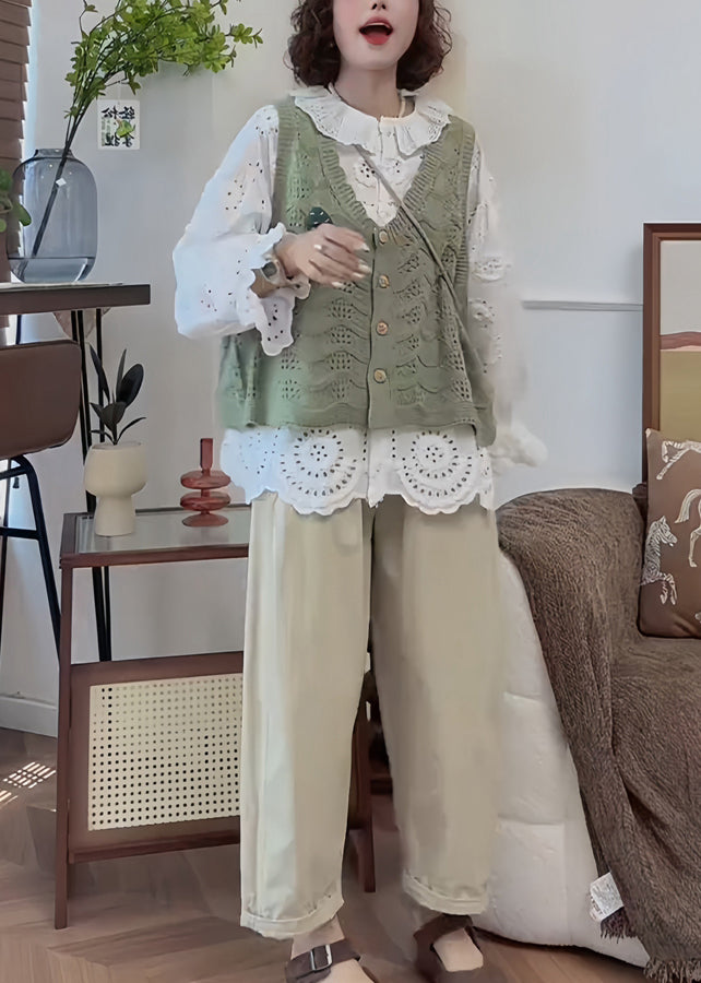 French Handmade White Puff Sleeve Hollow Out Cotton Shirt