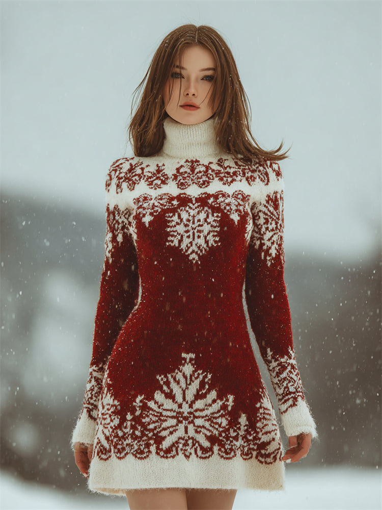 Classy Christmas Snowflakes Contrast Isle Turtleneck Sweater Dress artswardrobe