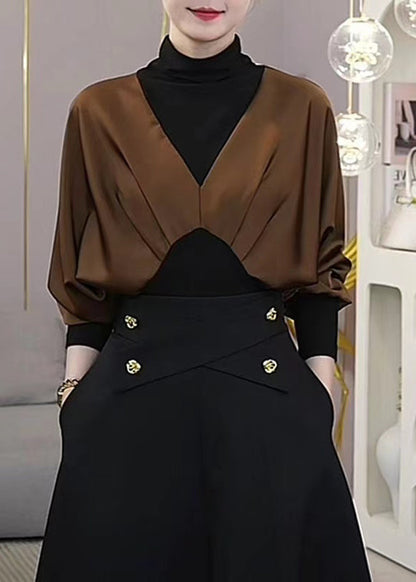 Mulberry Hign Neck Wrinkled Patchwork Silk Shirt Tops Fall