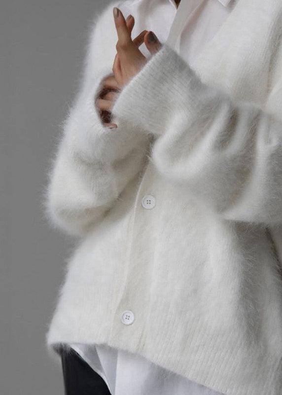 White V Neck Mink Hair Knitted Cardigan Fall