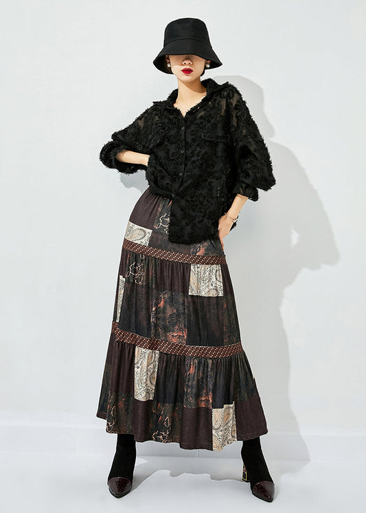 Brown Print Patchwork Wrinkled Silk Skirts Summer