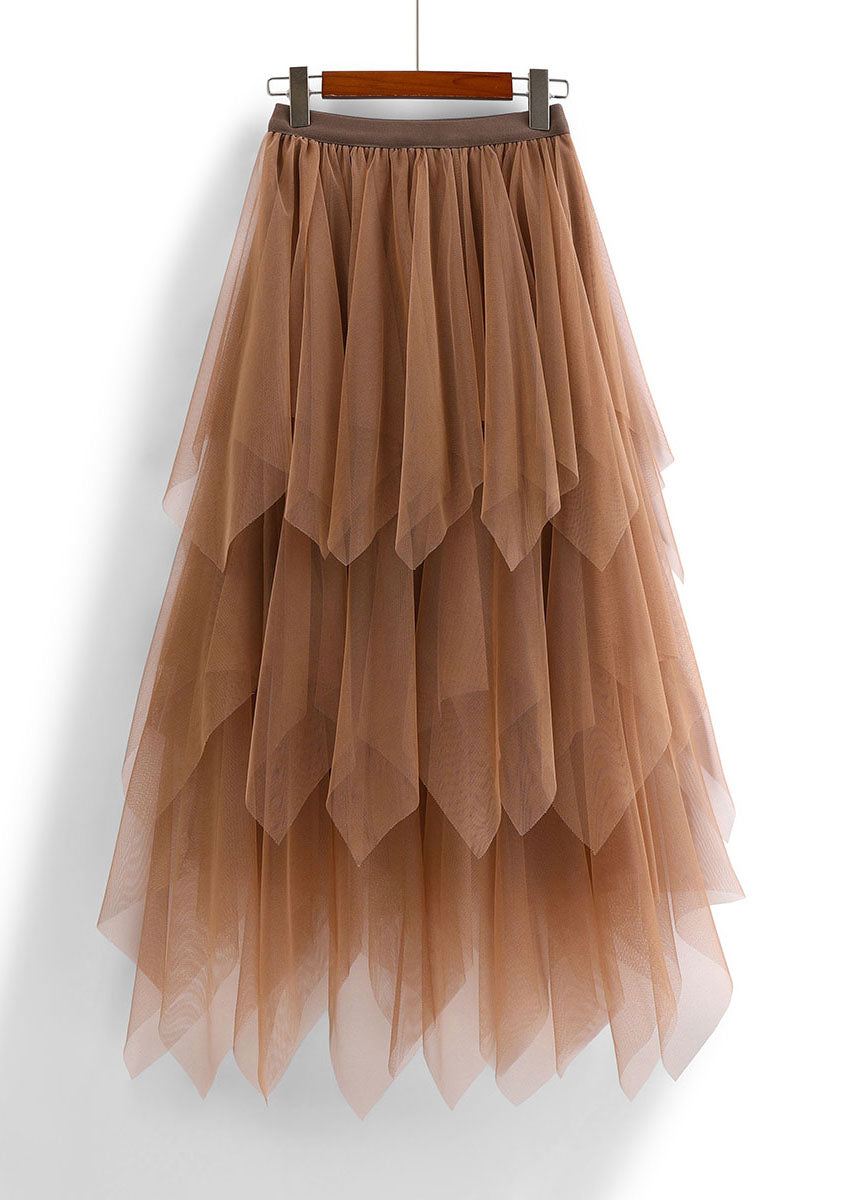 Coffee Asymmetric Design Elastic Waist Tulle Skirts Spring