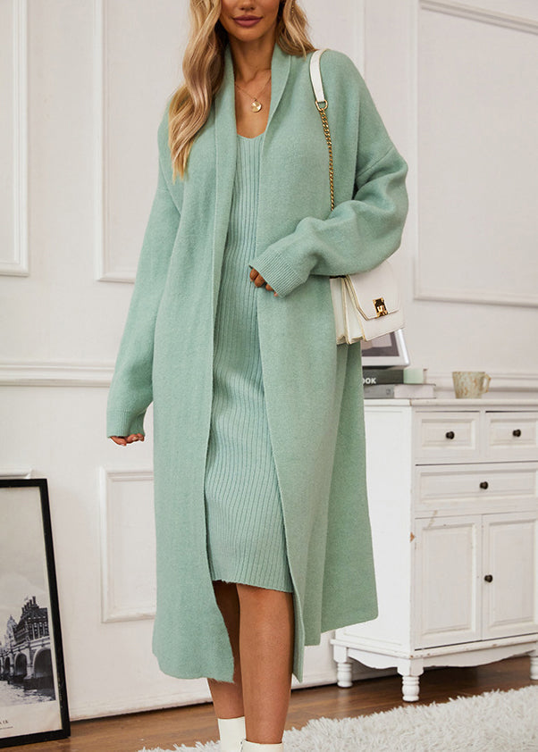 Italian Green V Neck Cashmere Knit Cardigans and Long Derss Two Pieces Set Fall